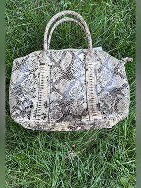 Danier Python Embossed Leather Satchel Bag Tote Metal Feet